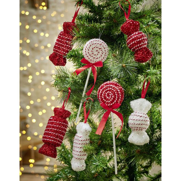 Kit décoration sapin de Noël forme bonbon rouge et blanc pailleté 8 pièces