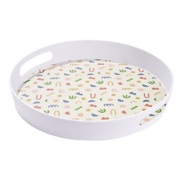 Plateau rond m&eacute;lamin&eacute; motif matisse blanc et multicolore &Oslash;34,5xH5cm