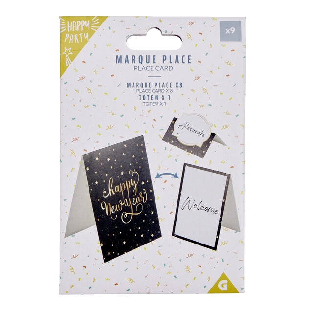 Set de marque place x8 et menu en papier noir Happy New Year L11xH30,4cm