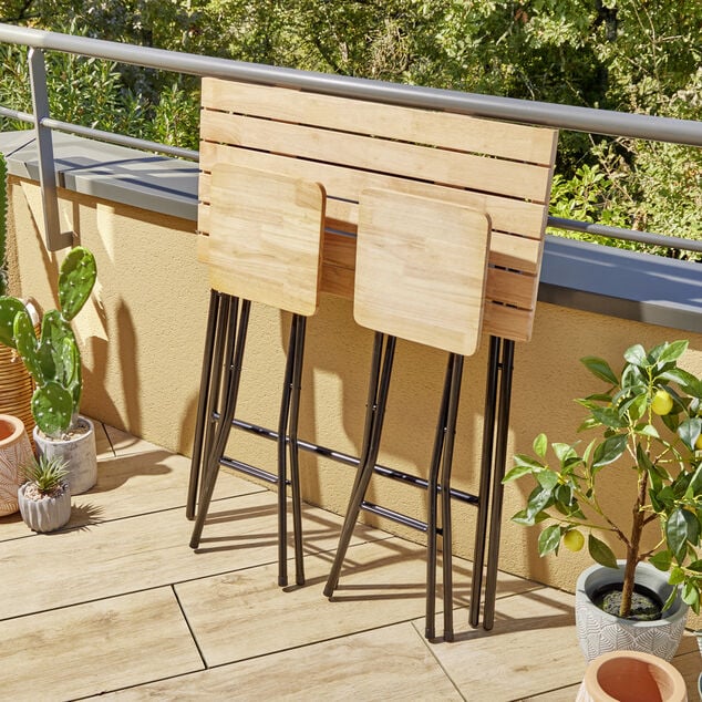 Table haute avec tabourets x2 Balcony pliables bois et m&eacute;tal 80x40xH98cm