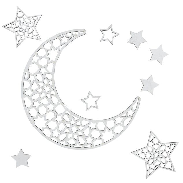 D&eacute;coration murale orientale &agrave; coller &eacute;toiles et lune bois argent&eacute;