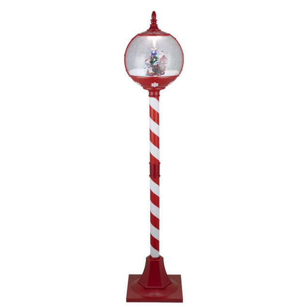 Lampadaire de No&euml;l anim&eacute; et lumineux sc&egrave;ne effet neige rouge et blanc H150cm