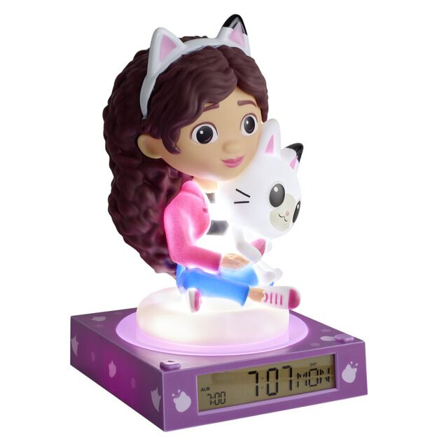 Lampe 3D r&eacute;veil Gabby et son chat avec affichage date violet 13x13xH15cm