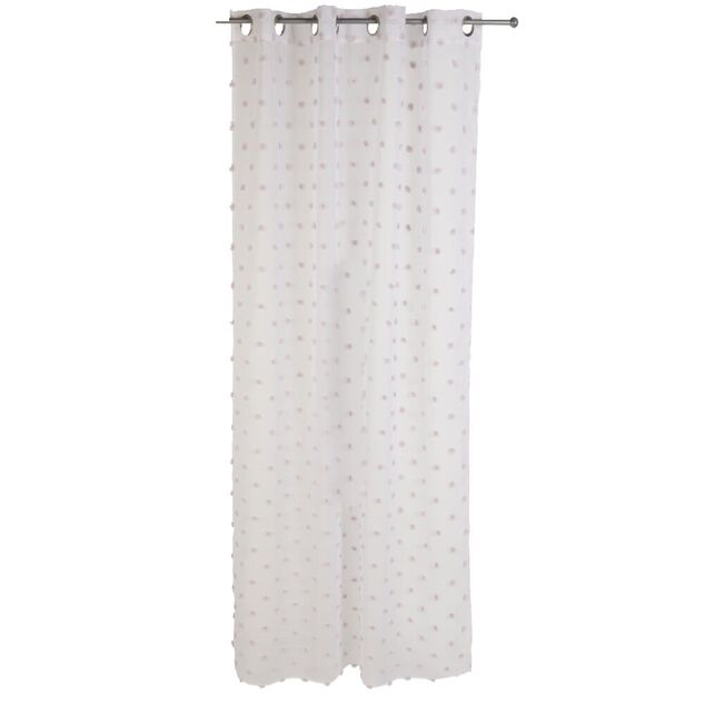 Voilage &agrave; oeillets blanc d&eacute;cor pompons rose 140x240 cm