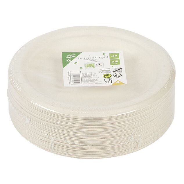 Lot de 50 assiettes à dessert rondes jetables en canne à sucre