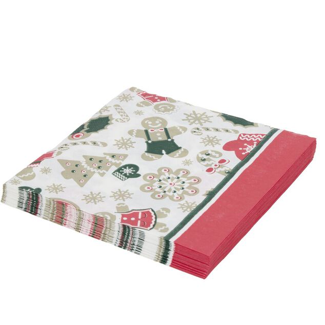 Serviette en papier 4 plis X20 pcs imprim&eacute; biscuits pain d'&eacute;pices et sucreries 33X33 cm blanc