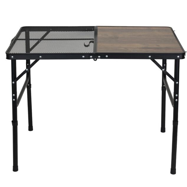 Table camping pliable d&eacute;cor bois et acier finition grille noir 90x60xH66cm