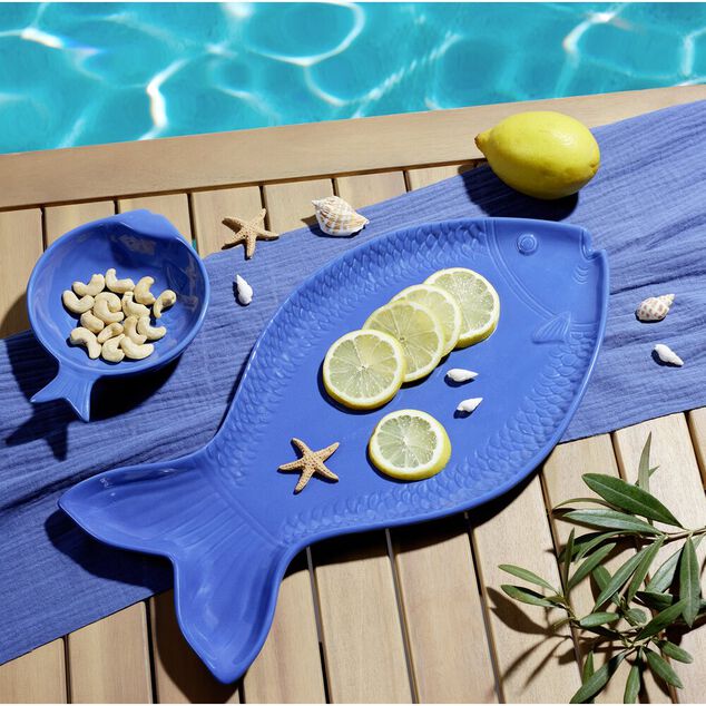 Assiette de pr&eacute;sentation forme poisson c&eacute;ramique bleu 20x41cm