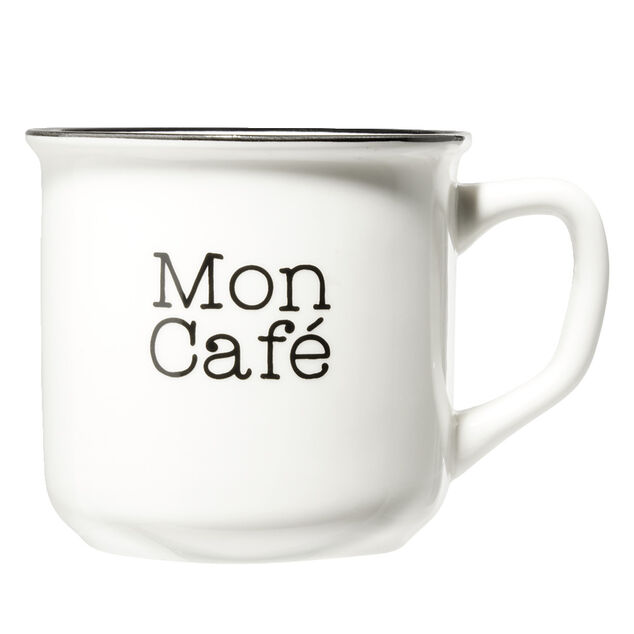 Mug caf&eacute; en porcelaine effet email blanc et bord noir Mon caf&eacute; 33cl H8,5cm