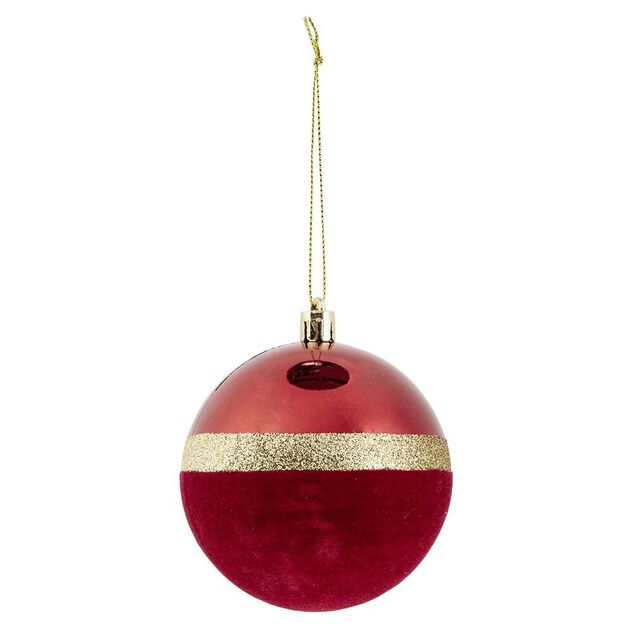 Boule de Noël liseré doré bimatière velours et brillant rouge Ø8cm