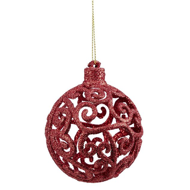 Boule de No&euml;l ajour&eacute;e motif arabesque paillet&eacute; rouge &Oslash;8 cm x3