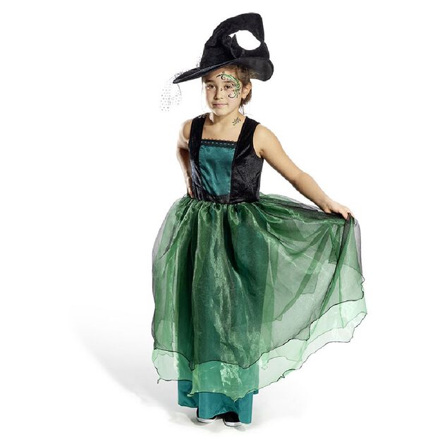 D&eacute;guisement enfant Halloween sorci&egrave;re robe chapeau noir vert 11/14ans