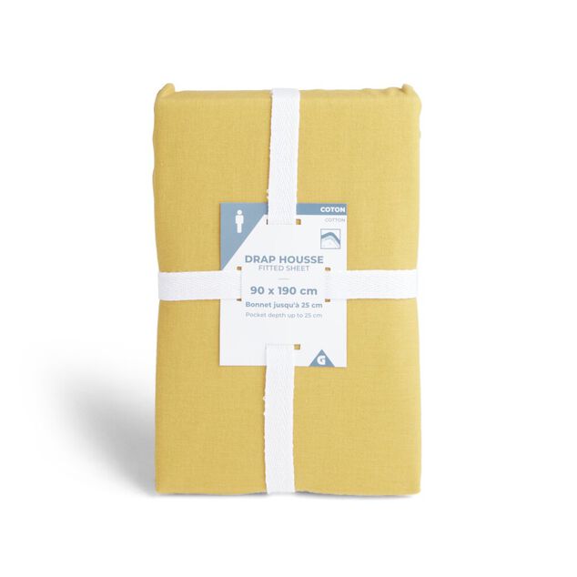 Drap housse 90x190cm 100% coton jaune moutarde