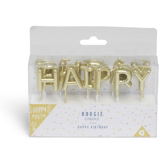 Bougies anniversaire lettres Happy Birthday dor&eacute;es H7cm