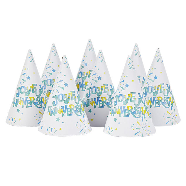 Chapeau de f&ecirc;te Joyeux anniversaire et feux d'artifice en carton x 8