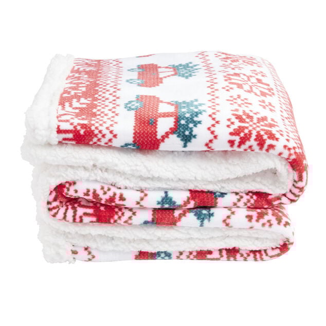 Plaid sherpa No&euml;l motif traditionnel voiture rouge et blanc 120x150cm