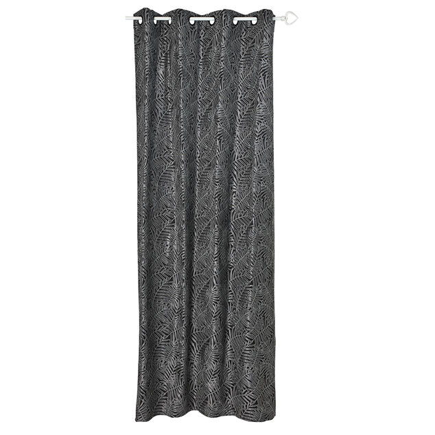 Rideau jacquard &agrave; oeillets motif feuille tropicale noir et gris