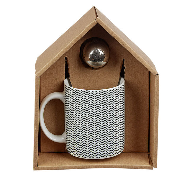 Mug porcelaine avec boule &agrave; th&eacute; inox noir blanc 35 cl