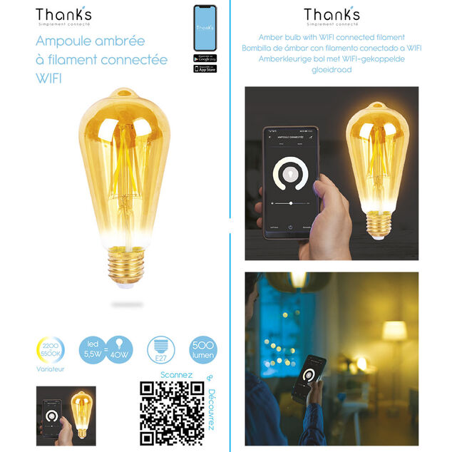 Ampoule longue ambr&eacute;e LED connect&eacute;e E27 40 W