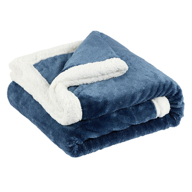 Plaid polaire r&eacute;versible imitation fourrure bleu et blanc