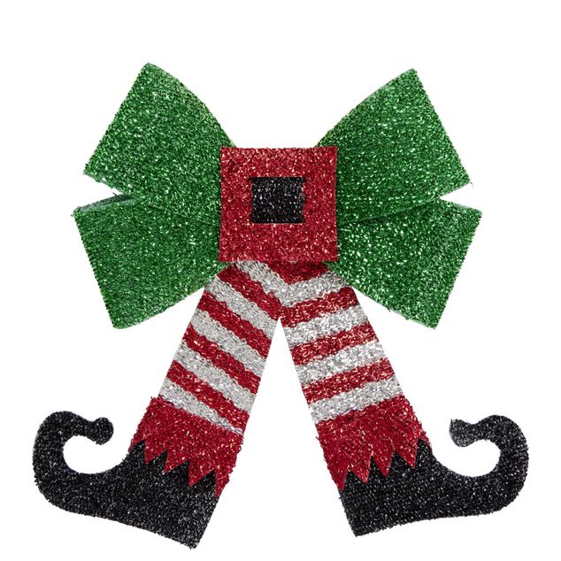 Noeud décoratif Noël traditionnel plastique paillettes 9x5xH9cm (2 modèles)