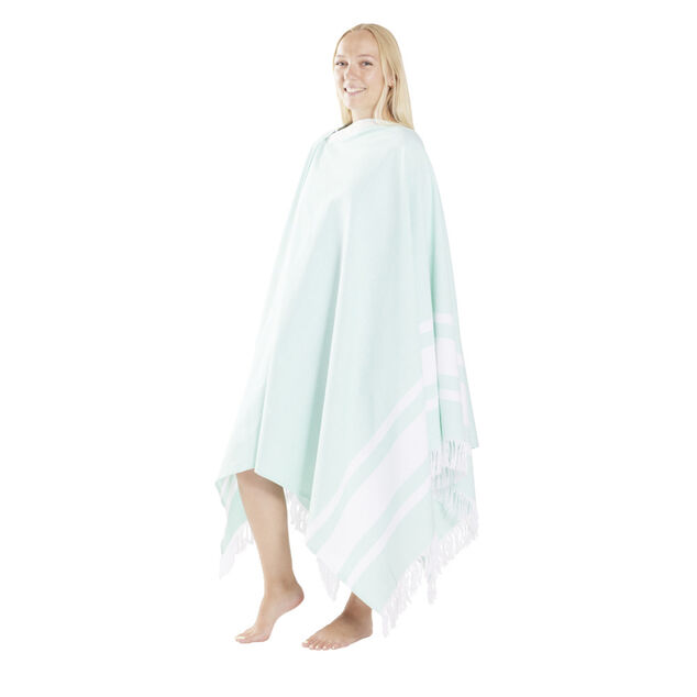 Fouta 2 personnes poncho 2en1 bleu et blanc 190x190cm emplacement parasol