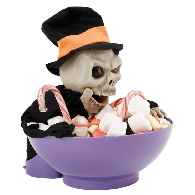 Saladier &agrave; bonbon Halloween squelette anim&eacute; noir et violet