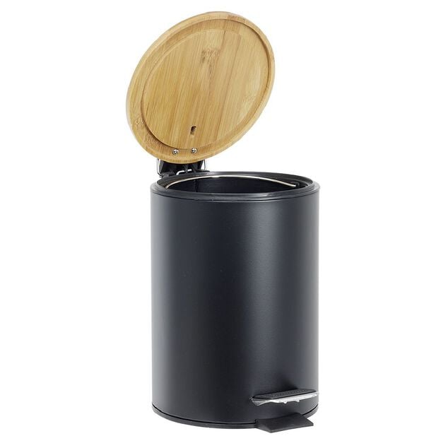 Poubelle salle de bain m&eacute;tal et bambou 3L noir