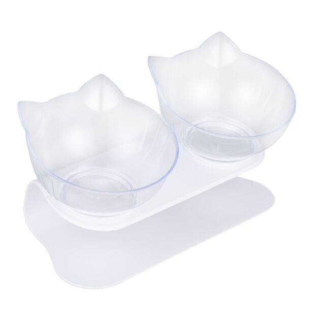 Gamelle double pour chat 350ml plastique transparent avec support 25x15xH13cm