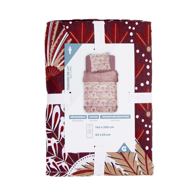Parure de lit 1 personne 140x200cm coton motif feuillage rouge