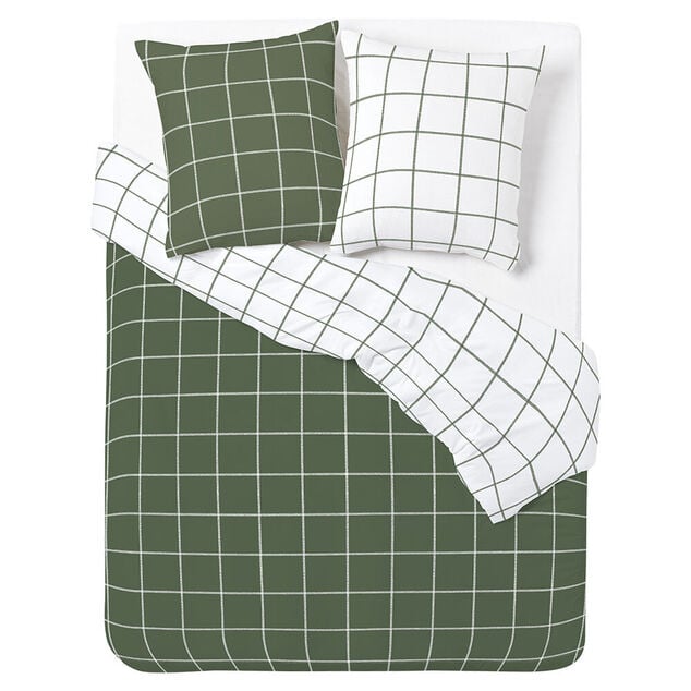 Parure de lit 2 personnes 200x200cm r&eacute;versible quadrill&eacute; vert et blanc