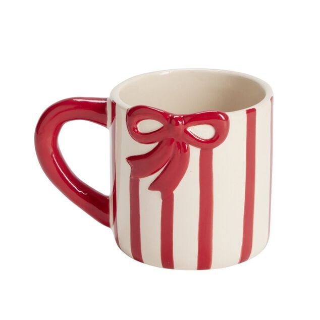 Mug No&euml;l c&eacute;ramique blanc ray&eacute; rouge avec noeud 280ml