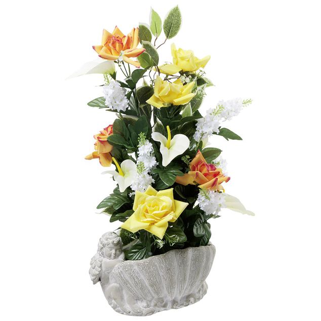 Coquillage en ciment statuette ange fleur artificielle orange et blanc