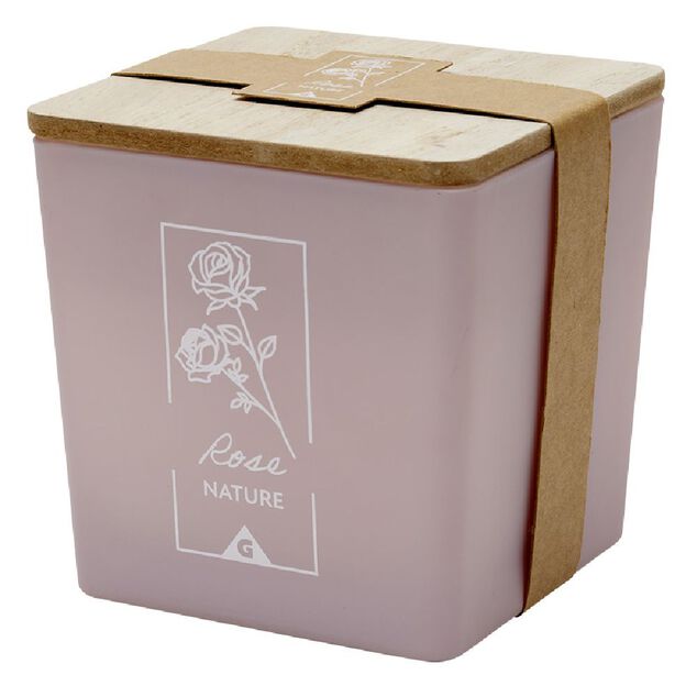 Bougie dans pot carr&eacute; avec couvercle bois senteur rose