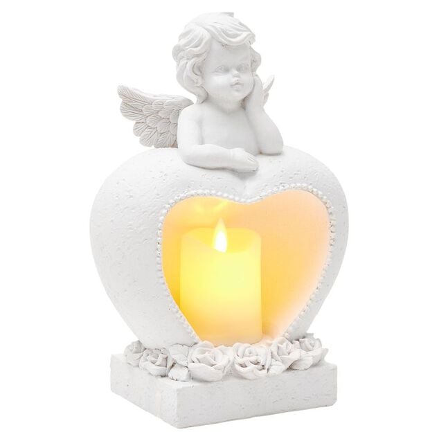 D&eacute;coration ange et coeur fun&eacute;raire avec bougie LED flamme vascillante