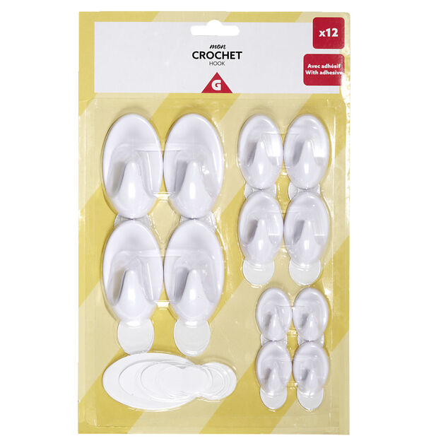 Lot de 12 crochets adh&eacute;sifs plastique blanc