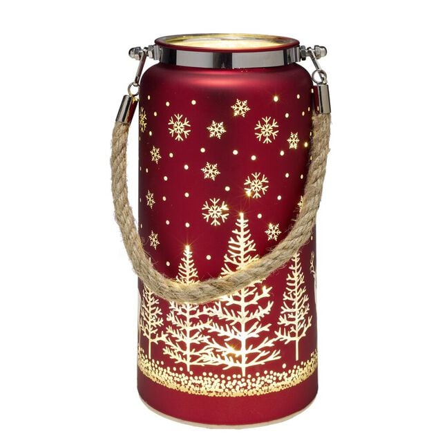 Lanterne d&eacute;corative 12 LED motif No&euml;l verre rouge H20cm