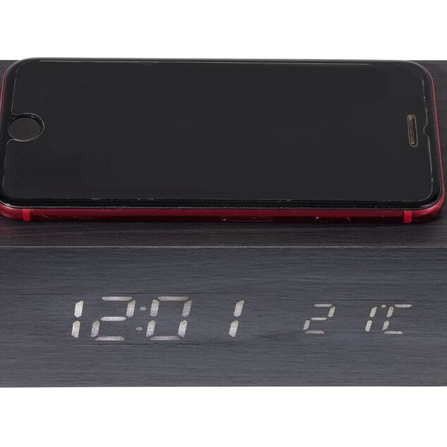 R&eacute;veil chargeur sans fil bois noir