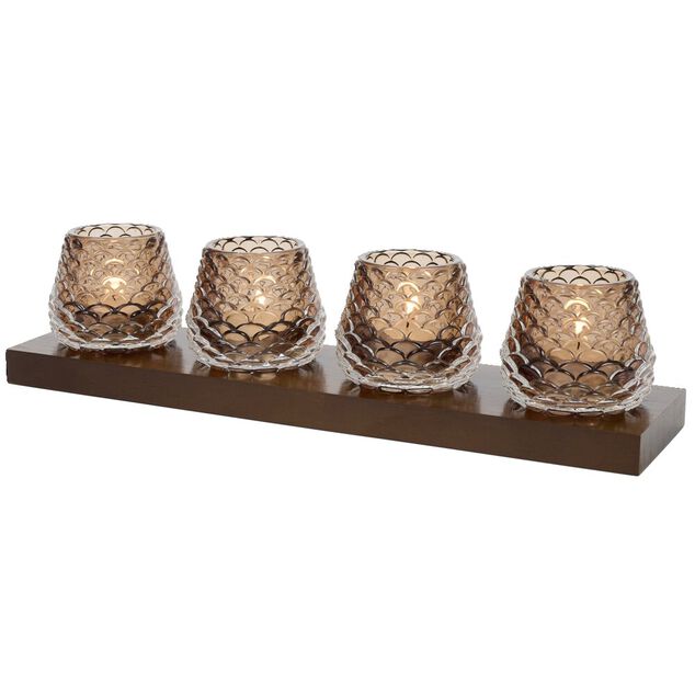 Plateau en bois avec 4 bougeoirs en verre forme pomme de pin 35x8,5x8cm