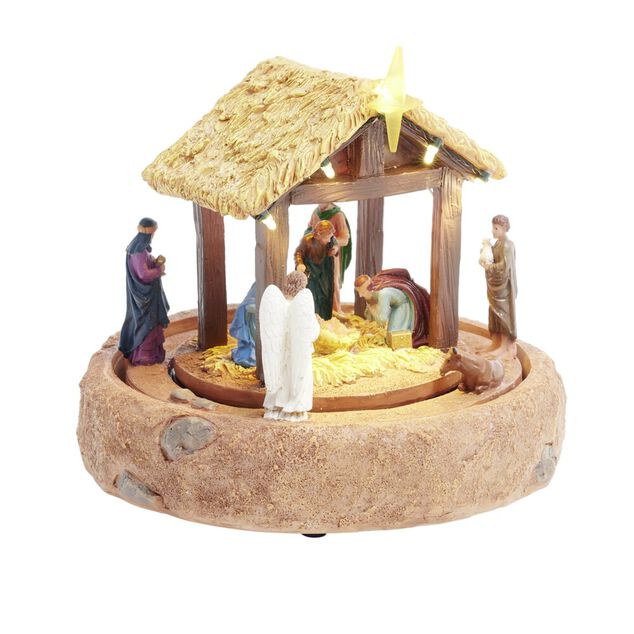 Crèche de Noël à poser lumineuse musicale animée rotation 360° Ø19xH17,5cm