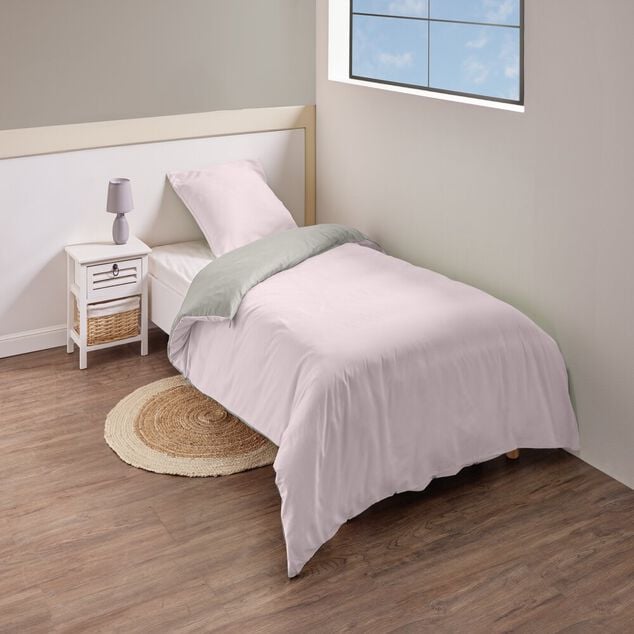 Parure de lit 1 place r&eacute;versible beige et rose 140x200cm