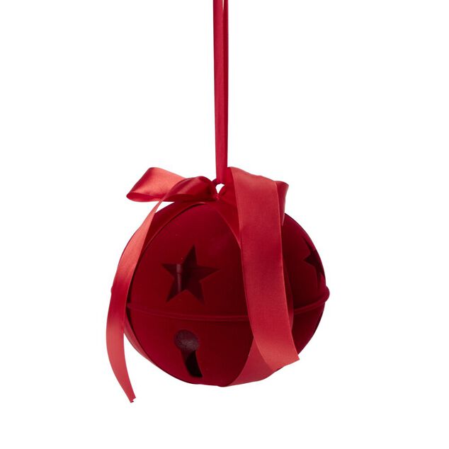 Boule de No&euml;l forme grelot floqu&eacute; avec noeud polyester 21X21XH17 cm rouge