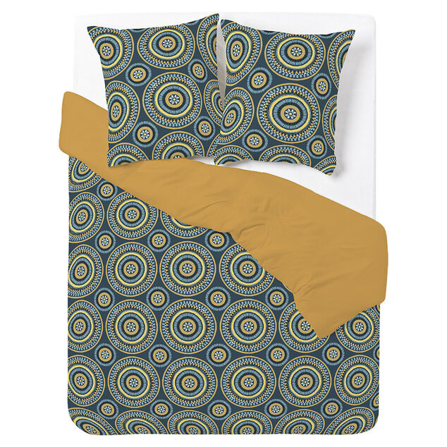 Parure de lit 2 personnes 240x220cm r&eacute;versible motif arabesque orange et bleu