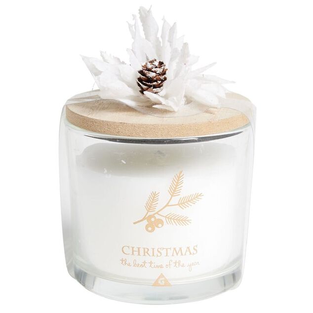 Bougie de Noël blanche pot en verre couvercle bois senteur coton 25H - Ø8xH11cm