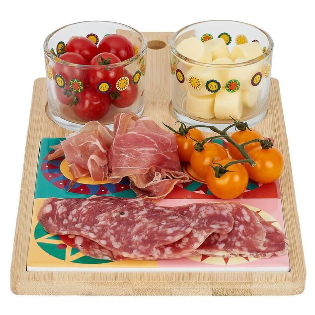 Planche de pr&eacute;sentation ap&eacute;ritif bambou avec 2 ramequins 32x17x1cm