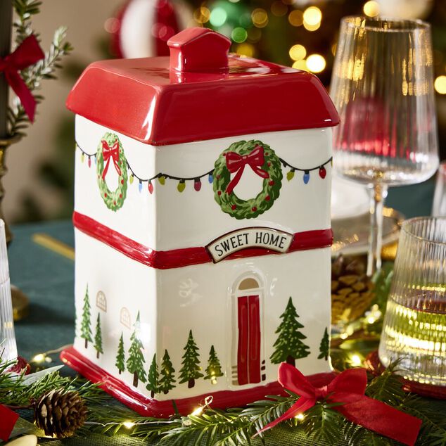 Bonbonni&egrave;re de No&euml;l forme maison en dolomite L15X15XH24 cm
