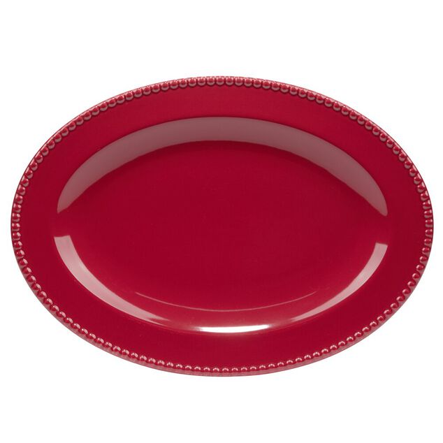 Plat de service No&euml;l ovale c&eacute;ramique rouge 25x35cm