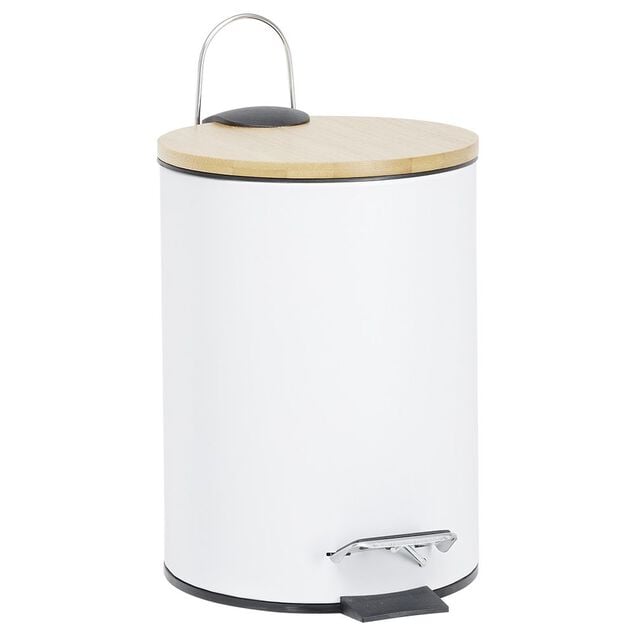 Poubelle salle de bain m&eacute;tal et bambou blanc
