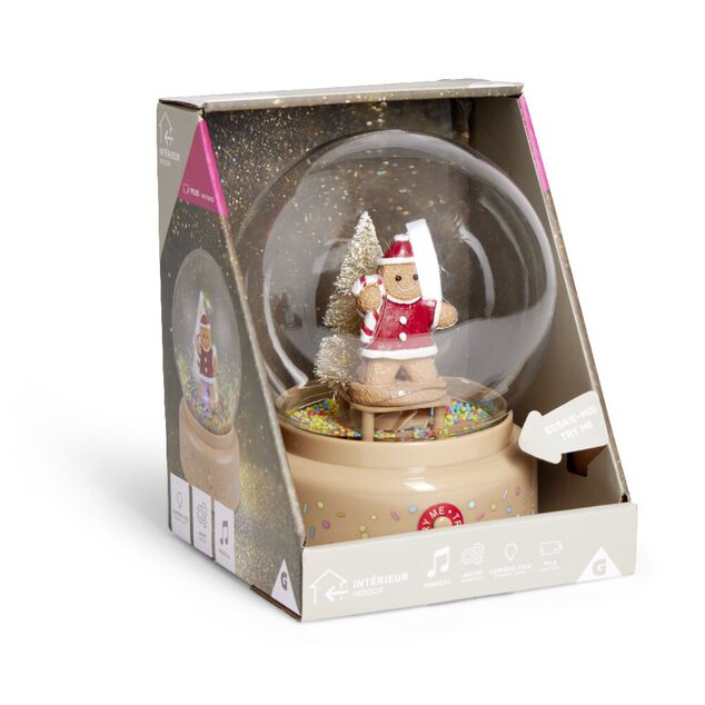 Boule &agrave; neige lumineuse anim&eacute;e musicale bonhomme pain d'&eacute;pices - 2 mod&egrave;les