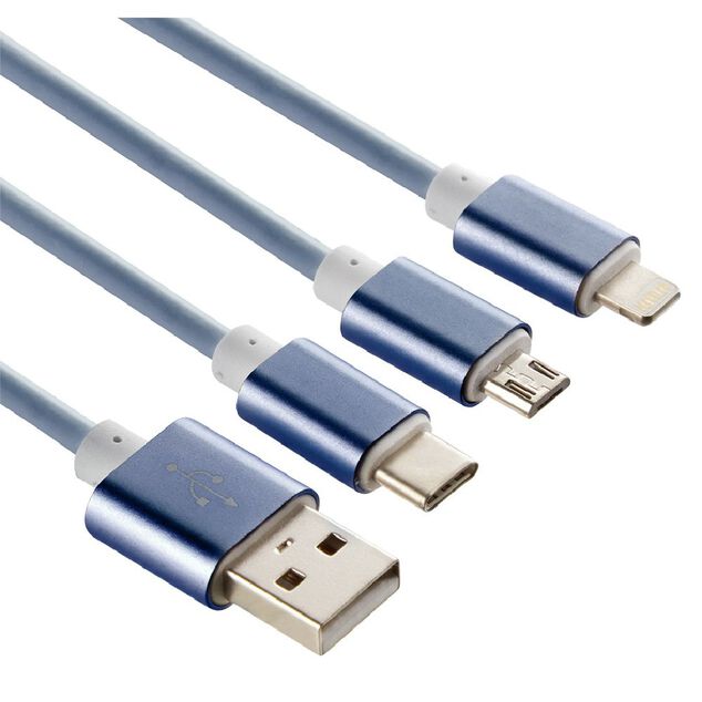 C&acirc;ble USB 3 en 1 avec connecteurs USB-C/micro USB/Lightning